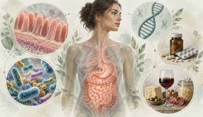 What causes histamine intolerance, illustrated with gut health, intestinal villi, genetics, medications, microbiome, and high-histamine foods.