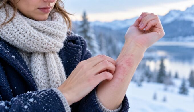 Cold urticaria hives on the forearm after exposure to cold weather