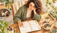 Watercolor illustration of a woman tracking menstrual symptoms related to estrogen and histamine