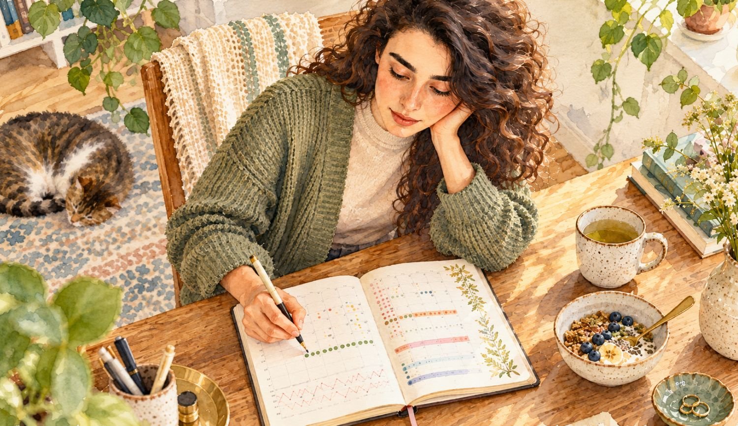 Watercolor illustration of a woman tracking menstrual symptoms related to estrogen and histamine