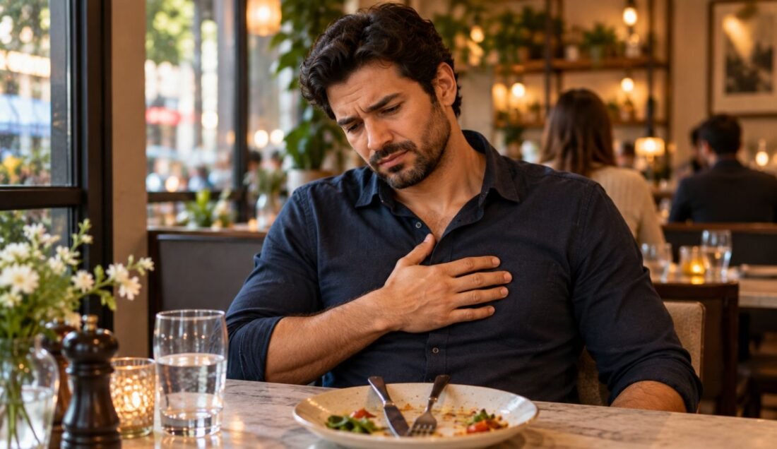 Man experiencing heartburn after a meal in a restaurant