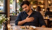 Man experiencing heartburn after a meal in a restaurant