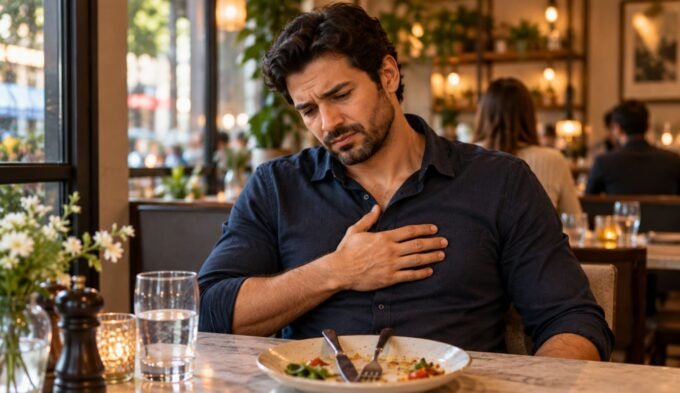 Man experiencing heartburn after a meal in a restaurant