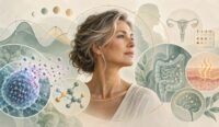 Technical illustration of histamine and menopause showing hormones, mast cells, gut, skin and brain