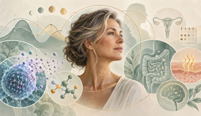 Technical illustration of histamine and menopause showing hormones, mast cells, gut, skin and brain