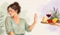 Woman turning away from a tray of high histamine foods including cheese, wine, tomatoes and citrus due to histamine overload