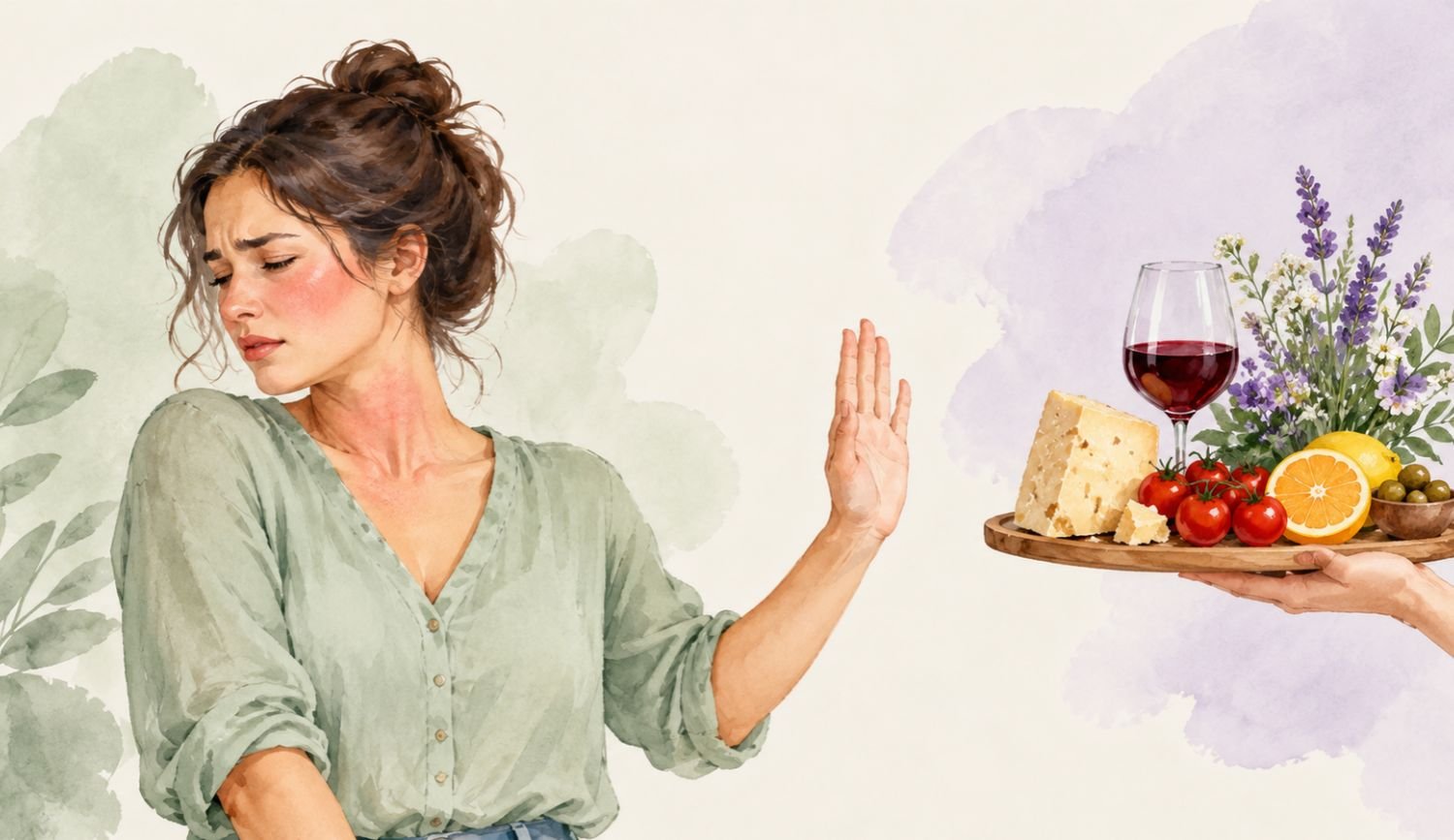 Woman turning away from a tray of high histamine foods including cheese, wine, tomatoes and citrus due to histamine overload