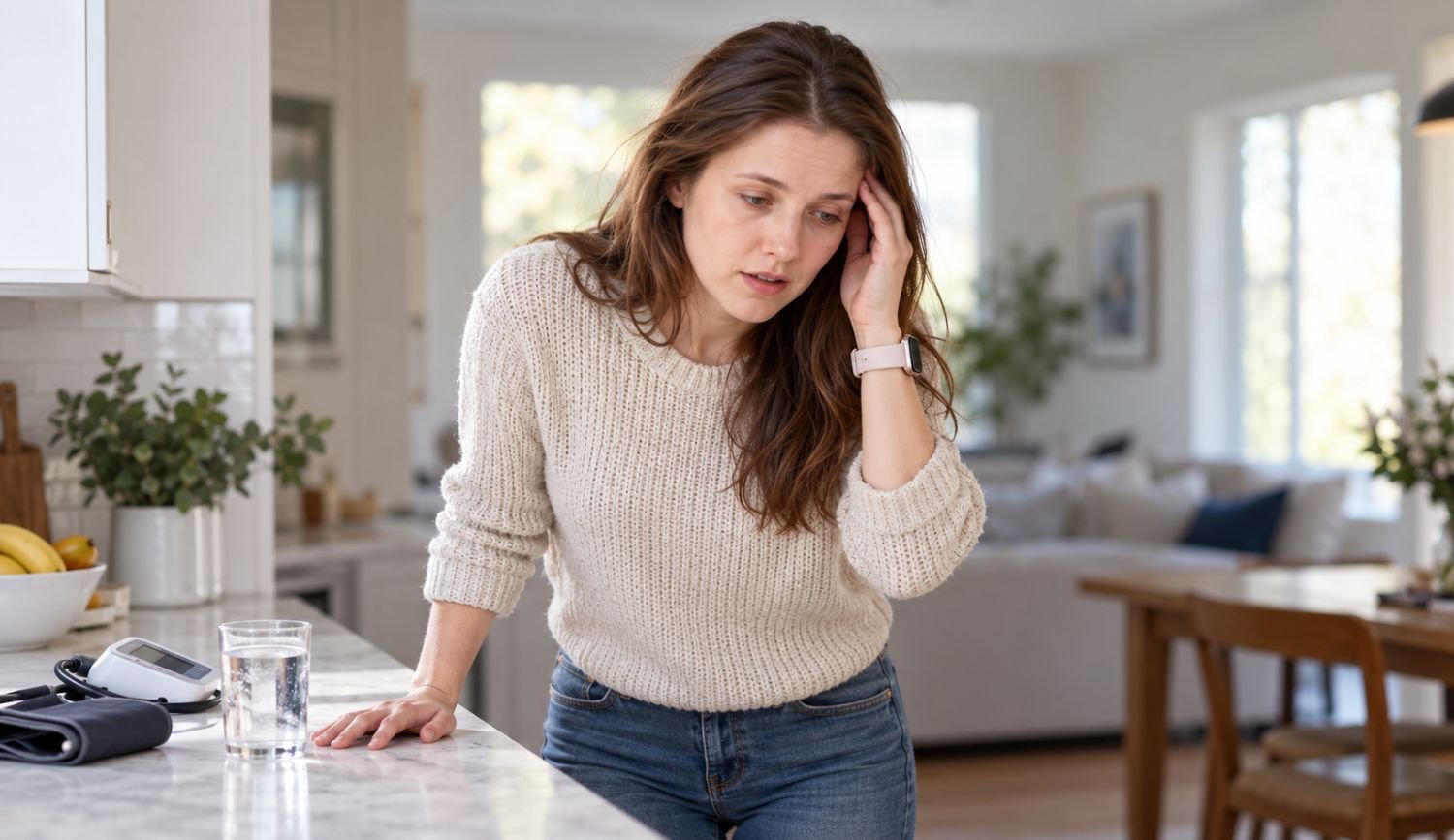 Woman with hyperadrenergic POTS symptoms feeling dizzy while standing