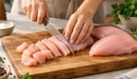 Woman cutting fresh chicken breast on a wooden board for a chicken histamine guide
