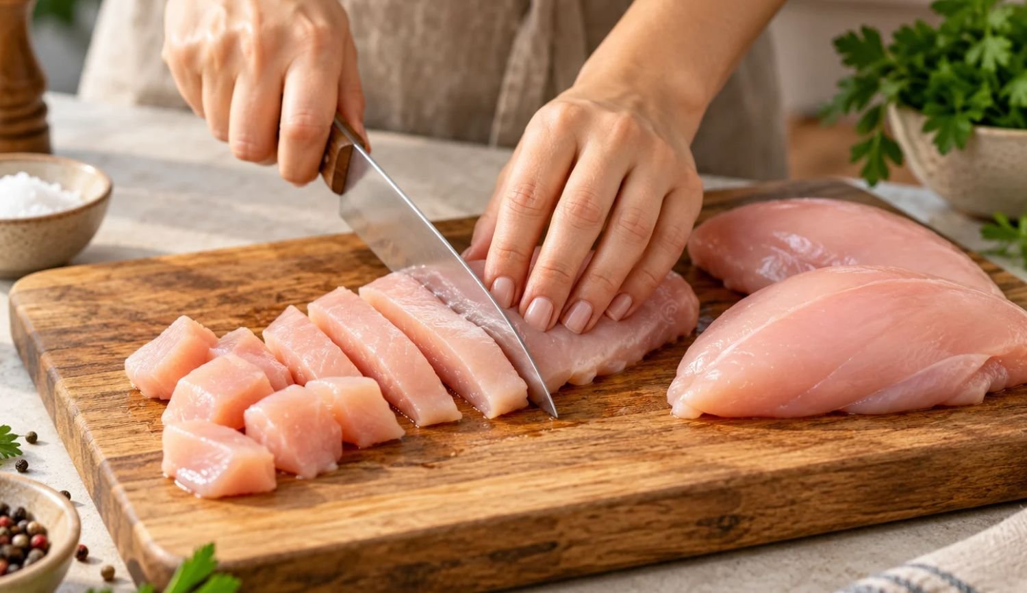 Woman cutting fresh chicken breast on a wooden board for a chicken histamine guide