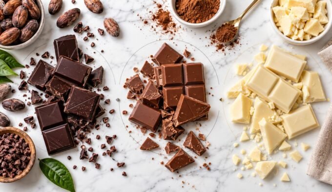 Is chocolate high in histamine? Dark, milk and white chocolate arranged side by side