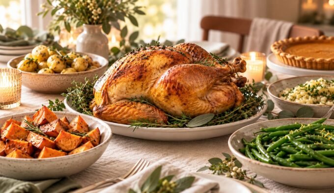 Low histamine Thanksgiving holiday meal with roasted turkey, potatoes, green beans and seasonal side dishes