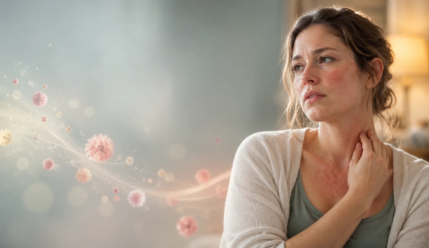 Woman with mild facial and neck flushing touching her throat, illustrating possible MCAS flare symptoms