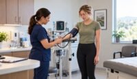 Patient having standing heart rate and blood pressure checked during POTS evaluation