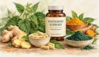 Watercolor illustration of natural antihistamine and histamine support capsules with nettle, ginger, turmeric and spirulina