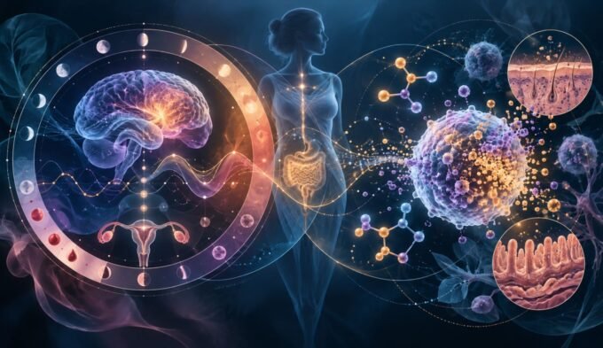 Technical illustration of PMDD and histamine showing brain signaling, menstrual cycle hormones and mast-cell activity