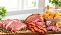 Fresh pork chops, sliced ham, crispy bacon, salami and pork rinds arranged on a wooden board.