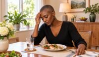 Woman feeling dizzy after a meal with postprandial hypotension symptoms