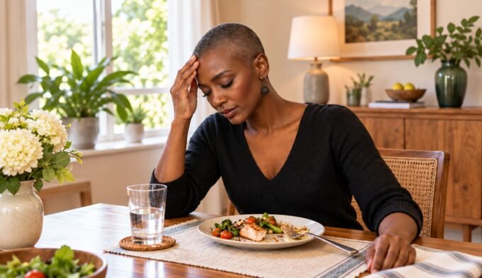 Woman feeling dizzy after a meal with postprandial hypotension symptoms
