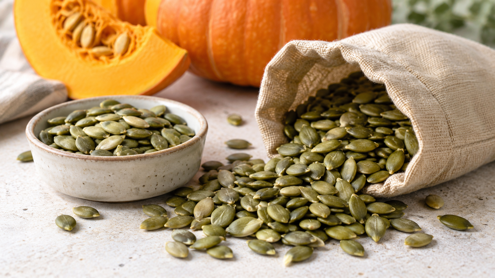 seeds and histamine guide showing plain shelled pumpkin seeds in a bowl