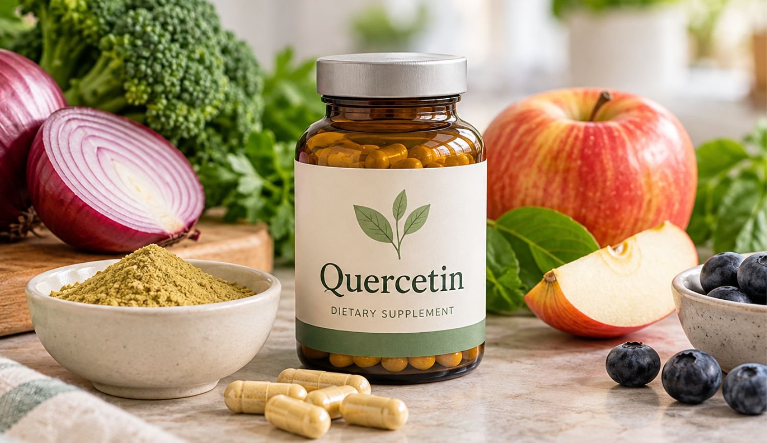 Quercetin for histamine intolerance with supplement bottle, red onion and apple