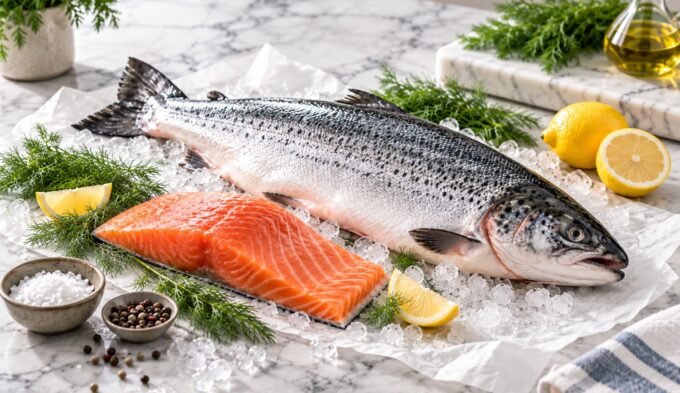 Whole fresh salmon and raw salmon fillet displayed on ice