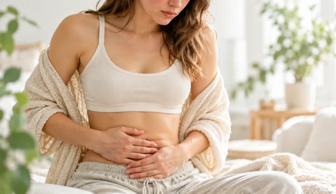 Woman holding her abdomen while experiencing digestive discomfort associated with SIBO and histamine intolerance