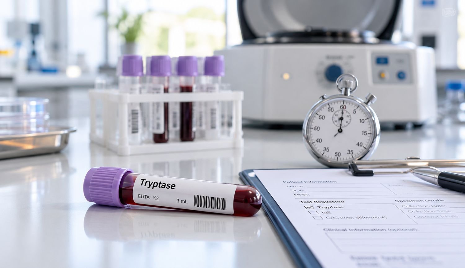 Tryptase test blood sample beside a stopwatch and laboratory request form